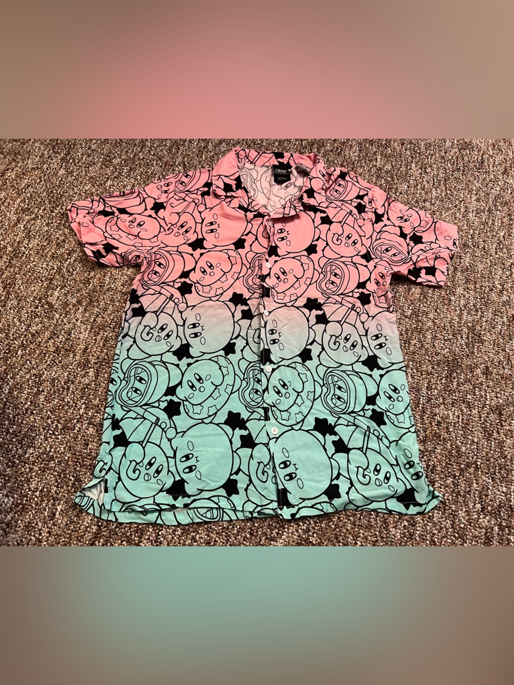 Kirby Men’s Short Sleeve Nintendo Gamer Pink Rayon Button Up Shirt Size Large